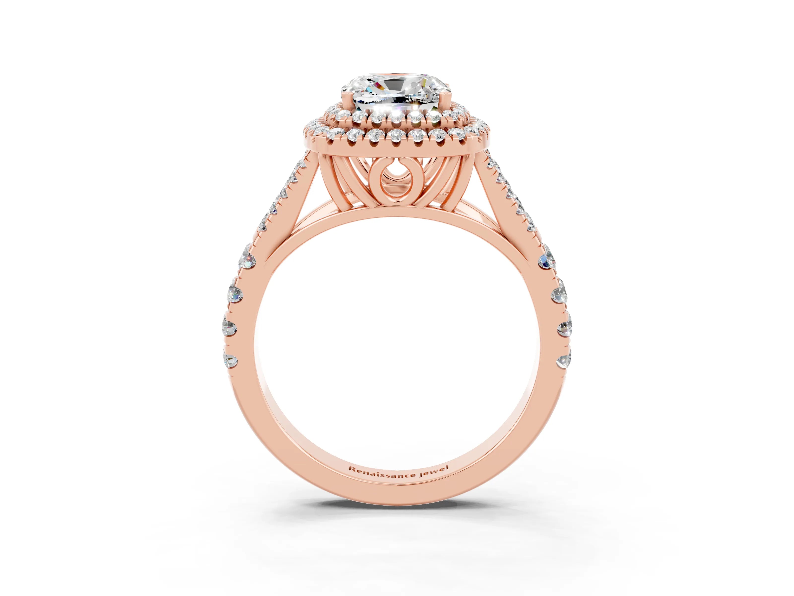 Rose gold Double Halo Cushion Cut Moissanite Split Shank Engagement Ring with Four-Prong Setting_3