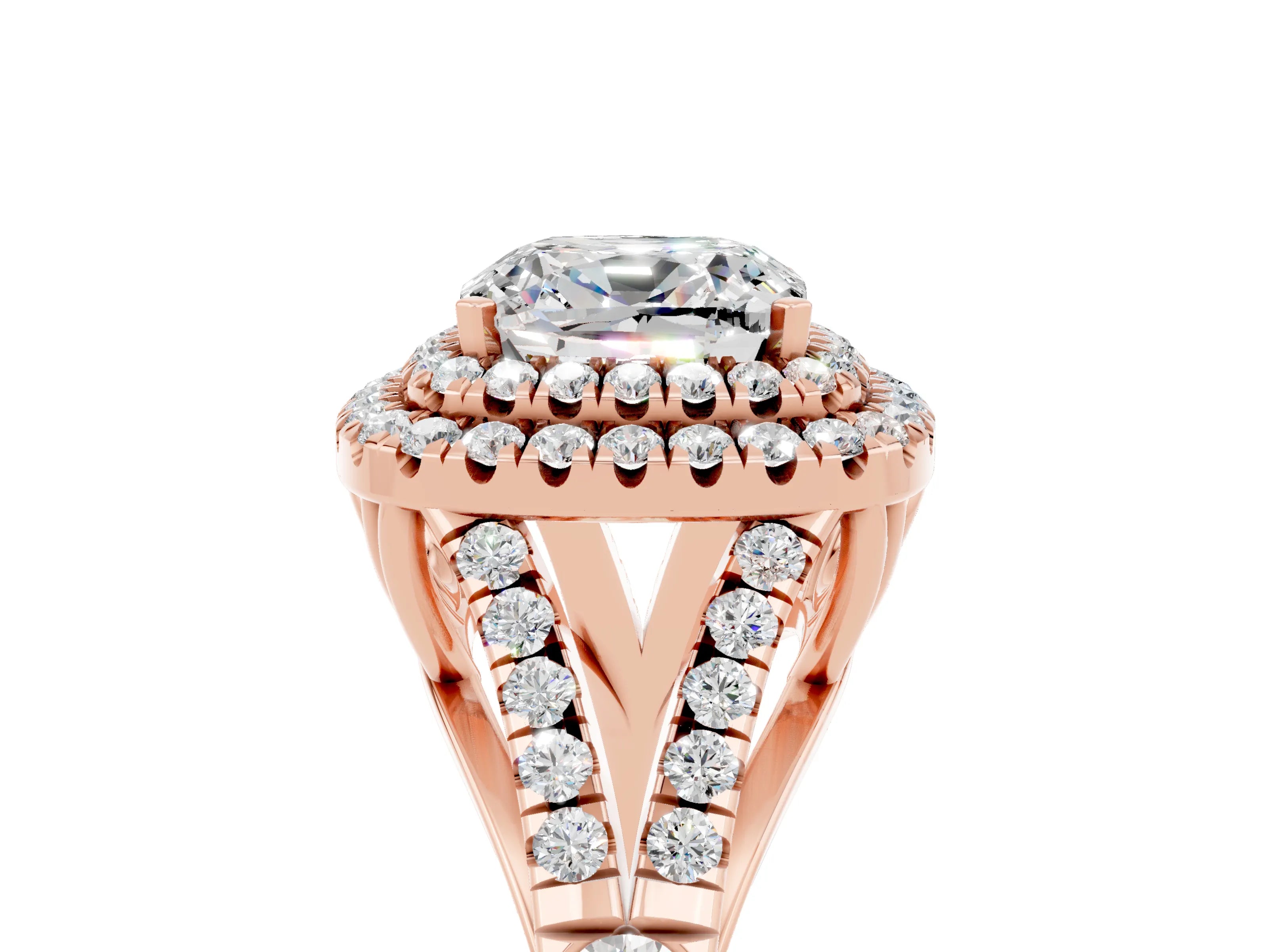 Rose gold Double Halo Cushion Cut Moissanite Split Shank Engagement Ring with Four-Prong Setting_5