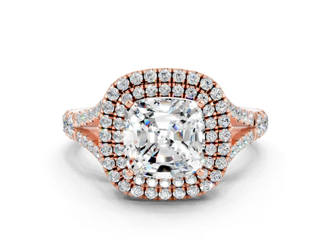 Rose gold Double Halo Cushion Cut Moissanite Split Shank Engagement Ring with Four-Prong Setting