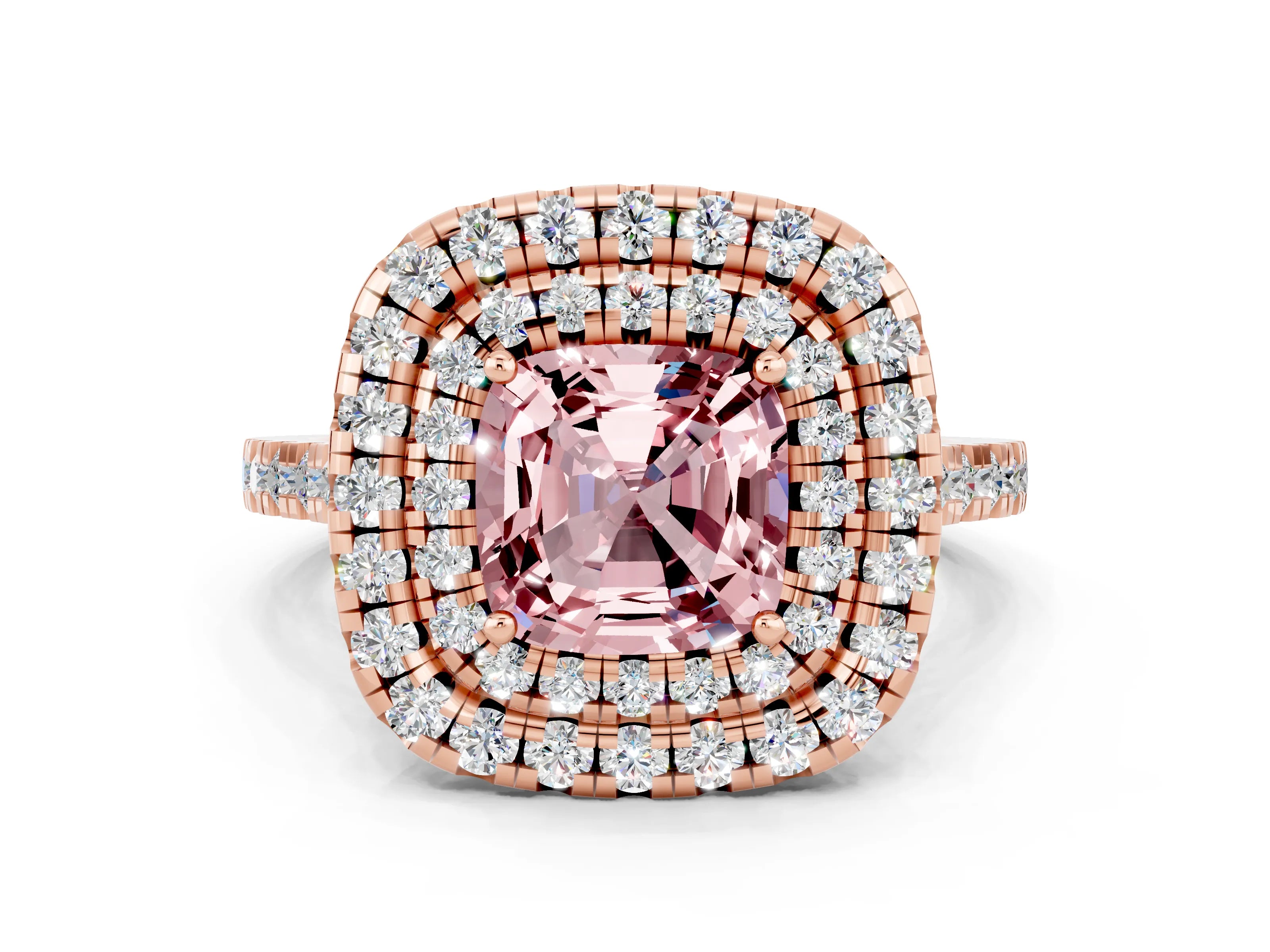 Rose gold Double Halo Cushion Cut Morganite Pavé Band with Four-Prong Setting