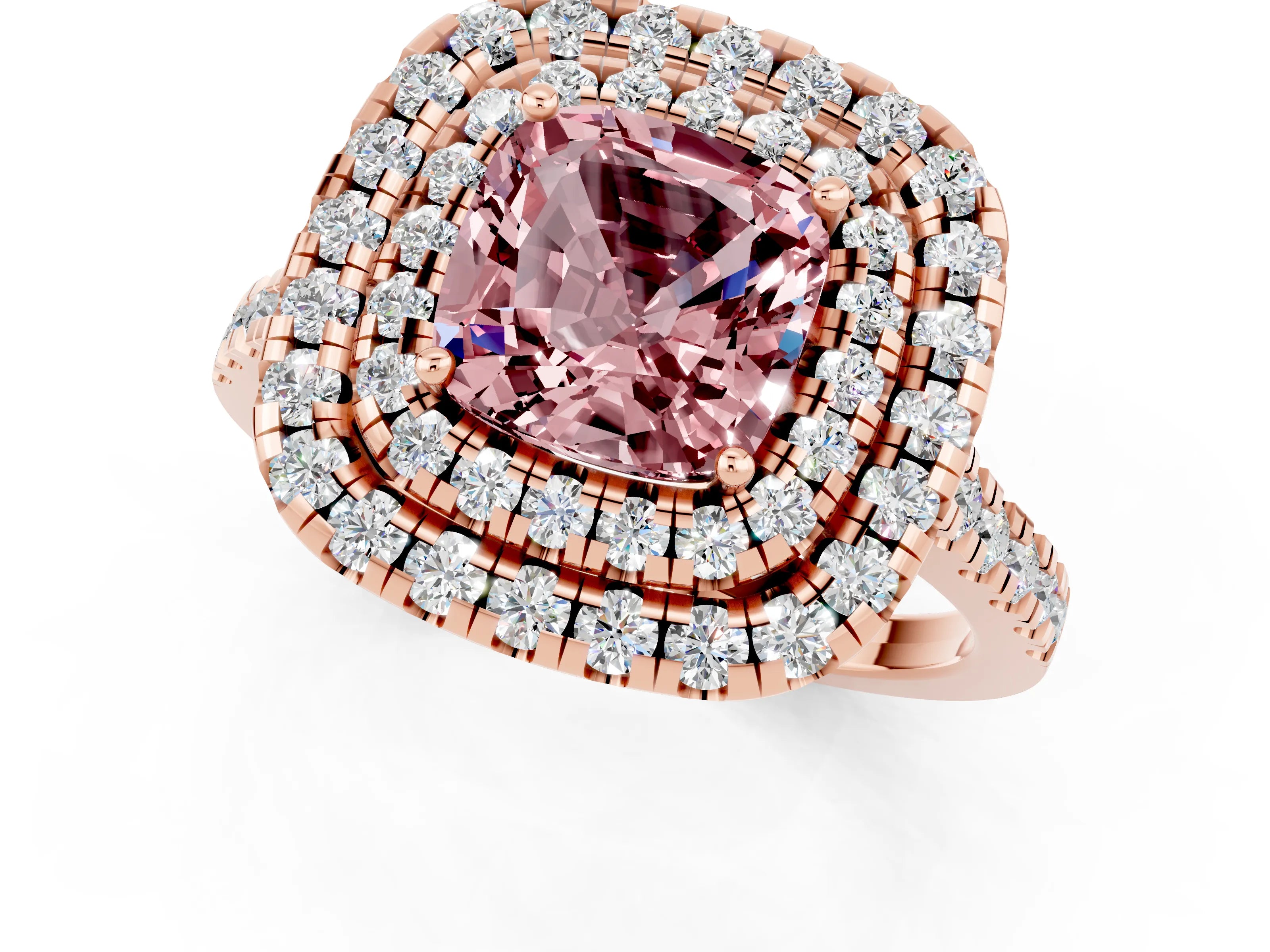 Rose gold Double Halo Cushion Cut Morganite Pavé Band with Four-Prong Setting_1