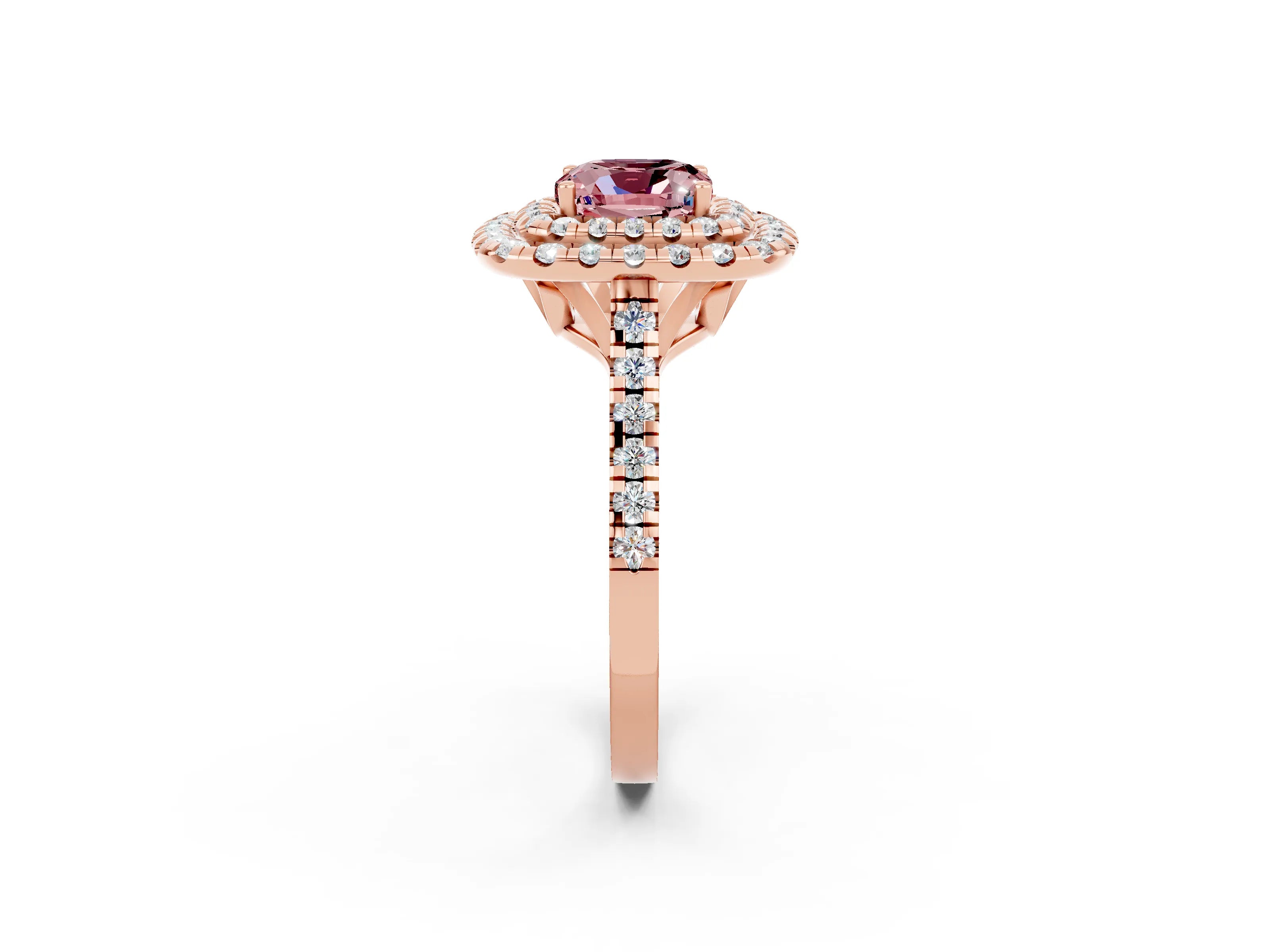 Rose gold Double Halo Cushion Cut Morganite Pavé Band with Four-Prong Setting_2