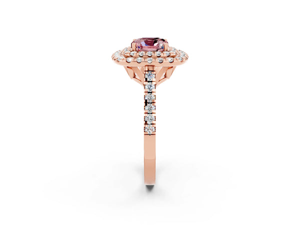Rose gold Double Halo Cushion Cut Morganite Pavé Band with Four-Prong Setting