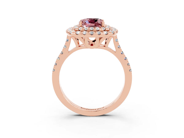 Rose gold Double Halo Cushion Cut Morganite Pavé Band with Four-Prong Setting