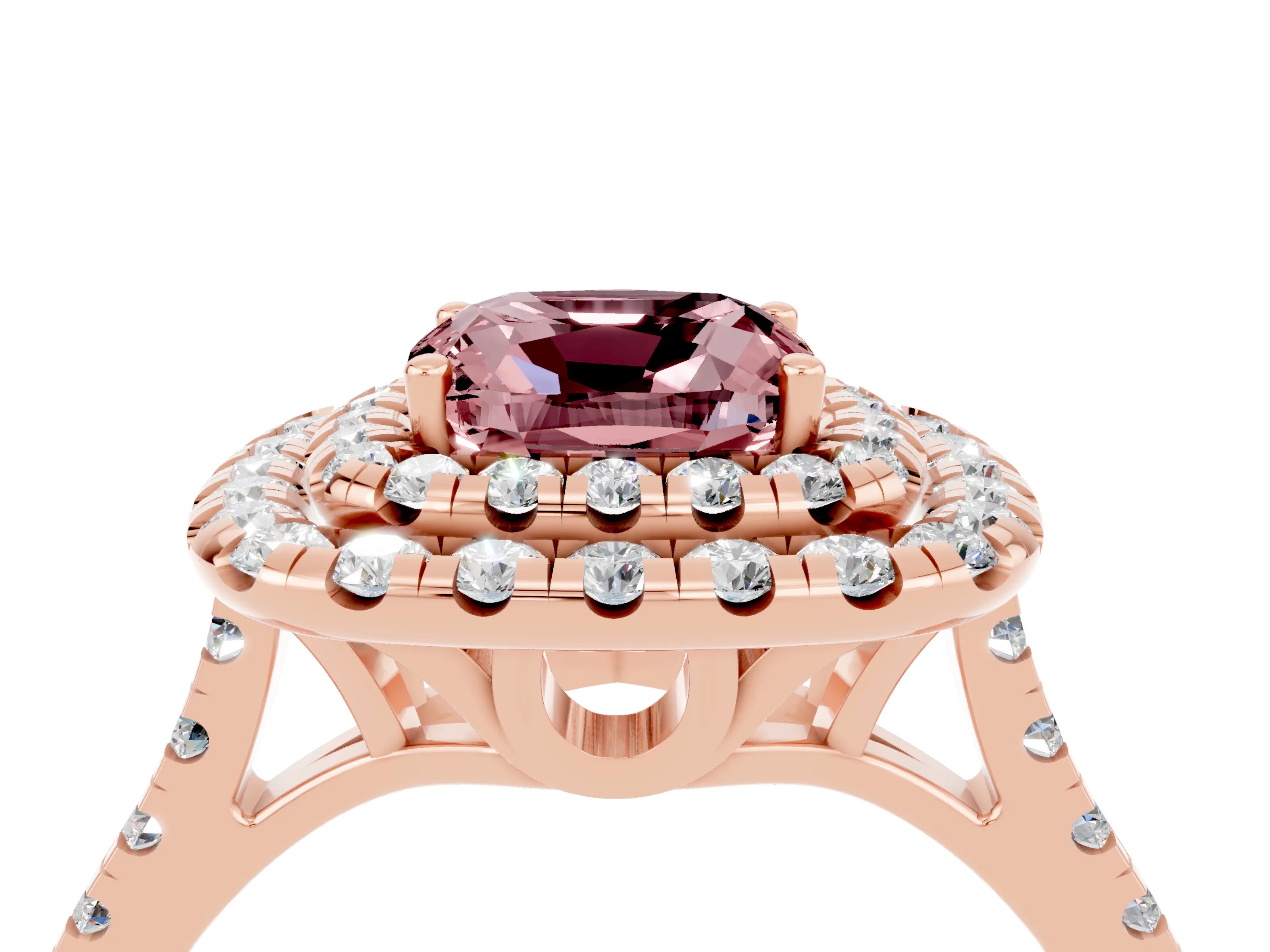 Rose gold Double Halo Cushion Cut Morganite Pavé Band with Four-Prong Setting_4