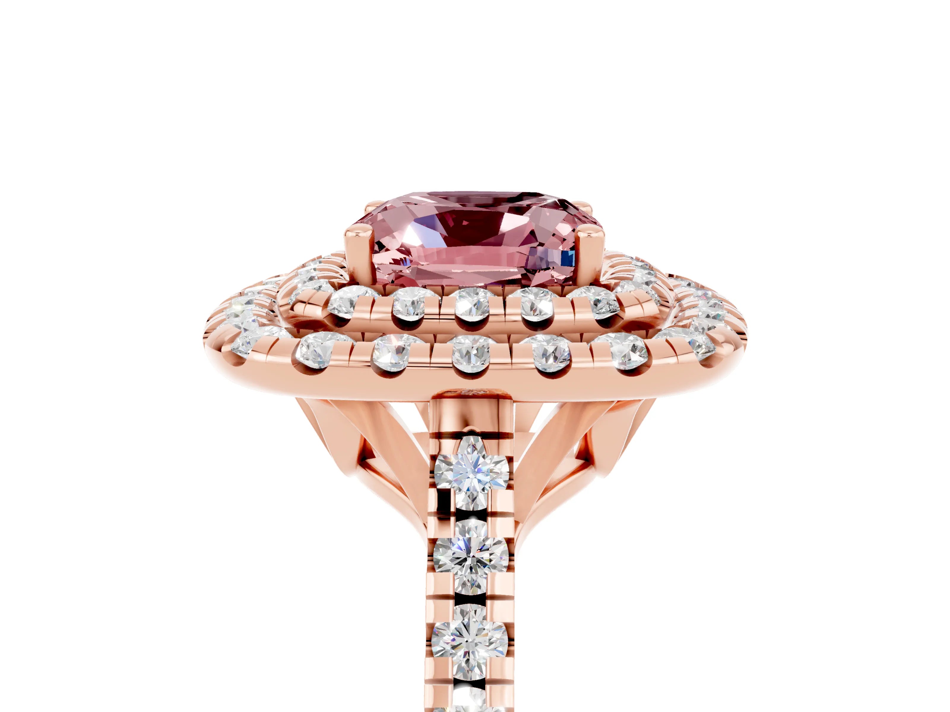 Rose gold Double Halo Cushion Cut Morganite Pavé Band with Four-Prong Setting_5