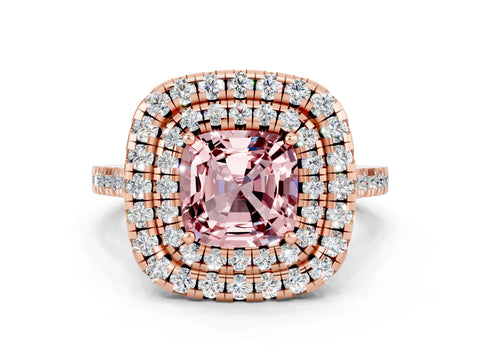 Rose gold Double Halo Cushion Cut Morganite Pavé Band with Four-Prong Setting