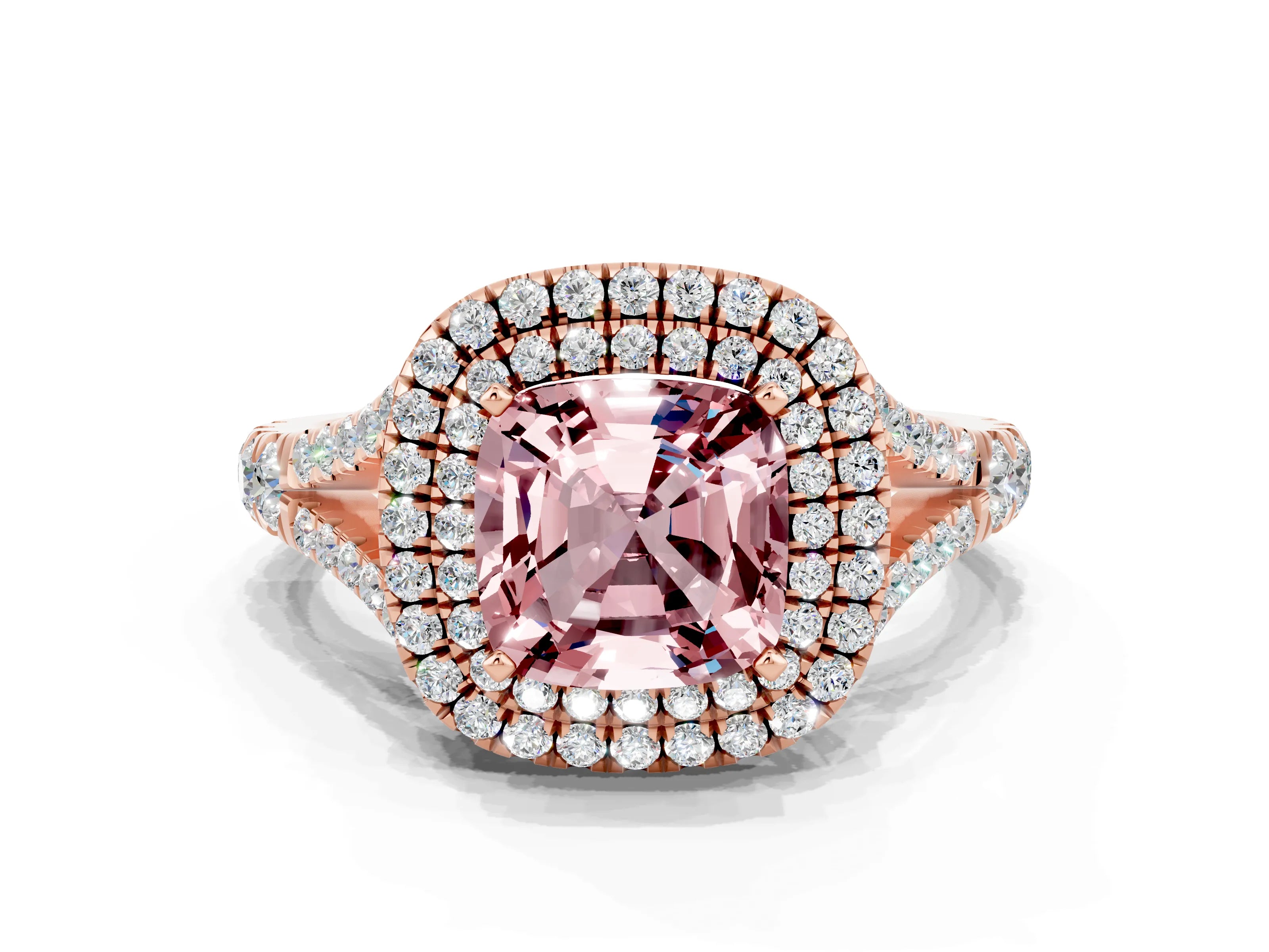 Rose gold Double Halo Cushion Cut Morganite Pavé Split Shank Ring with Prong Setting