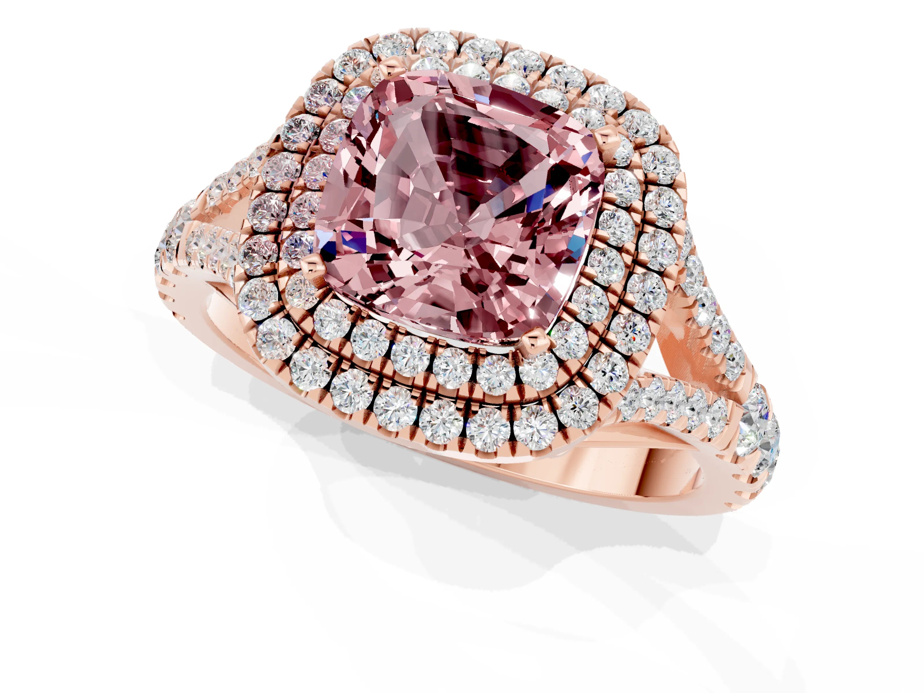 Rose gold Double Halo Cushion Cut Morganite Pavé Split Shank Ring with Prong Setting_1