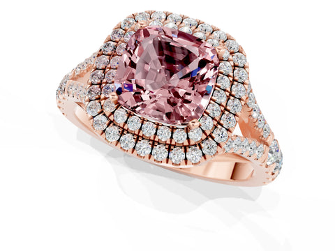 Rose gold Double Halo Cushion Cut Morganite Pavé Split Shank Ring with Prong Setting_1