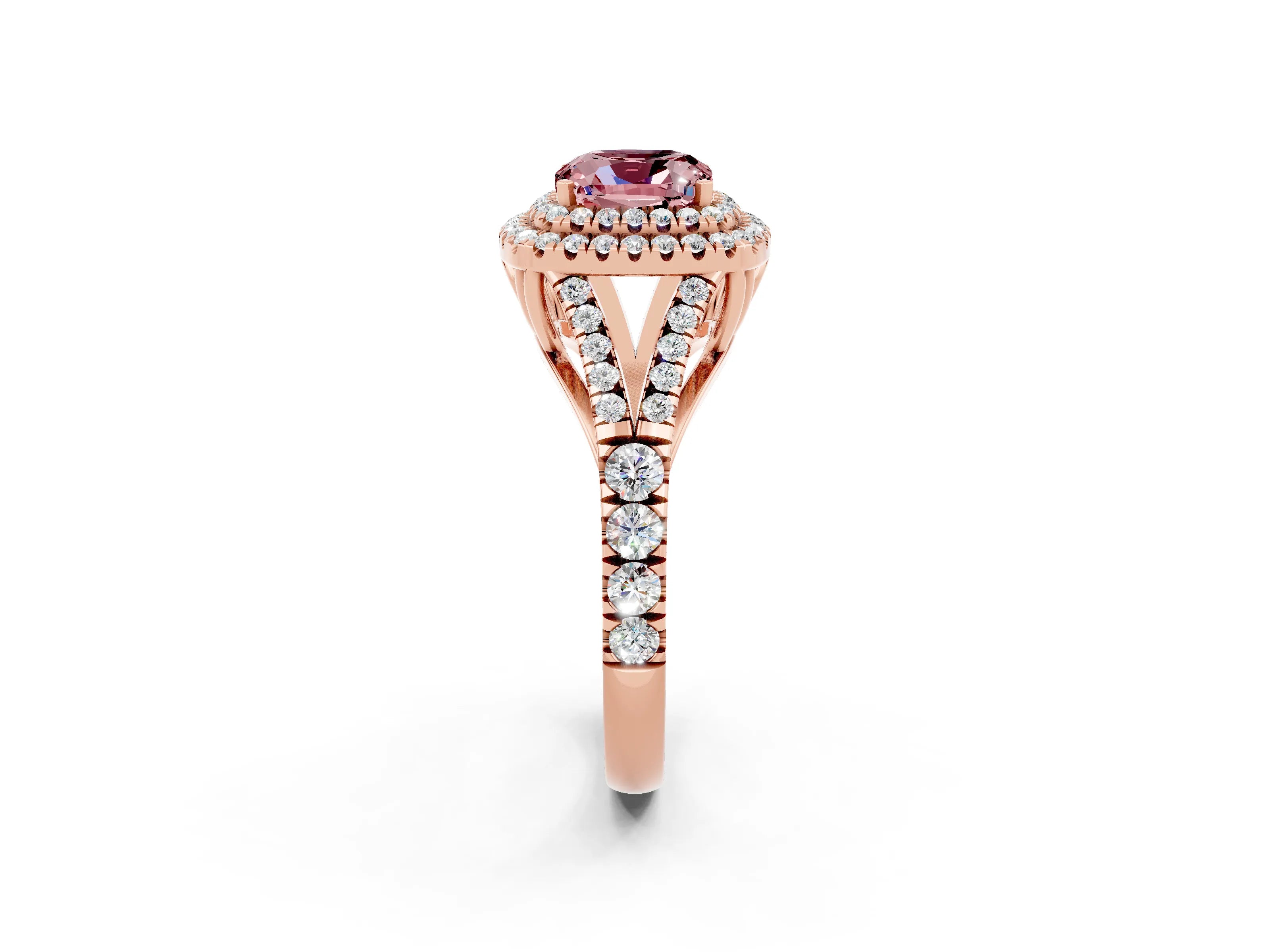 Rose gold Double Halo Cushion Cut Morganite Pavé Split Shank Ring with Prong Setting_2