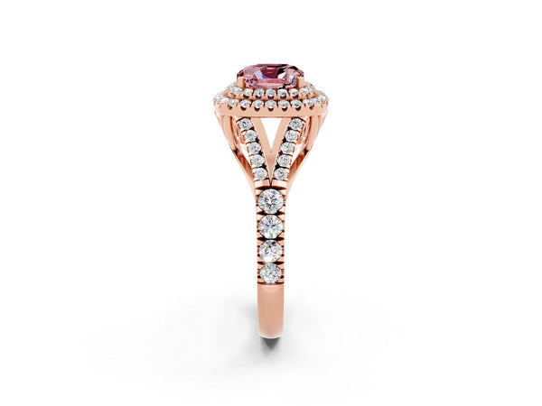 Rose gold Double Halo Cushion Cut Morganite Pavé Split Shank Ring with Prong Setting