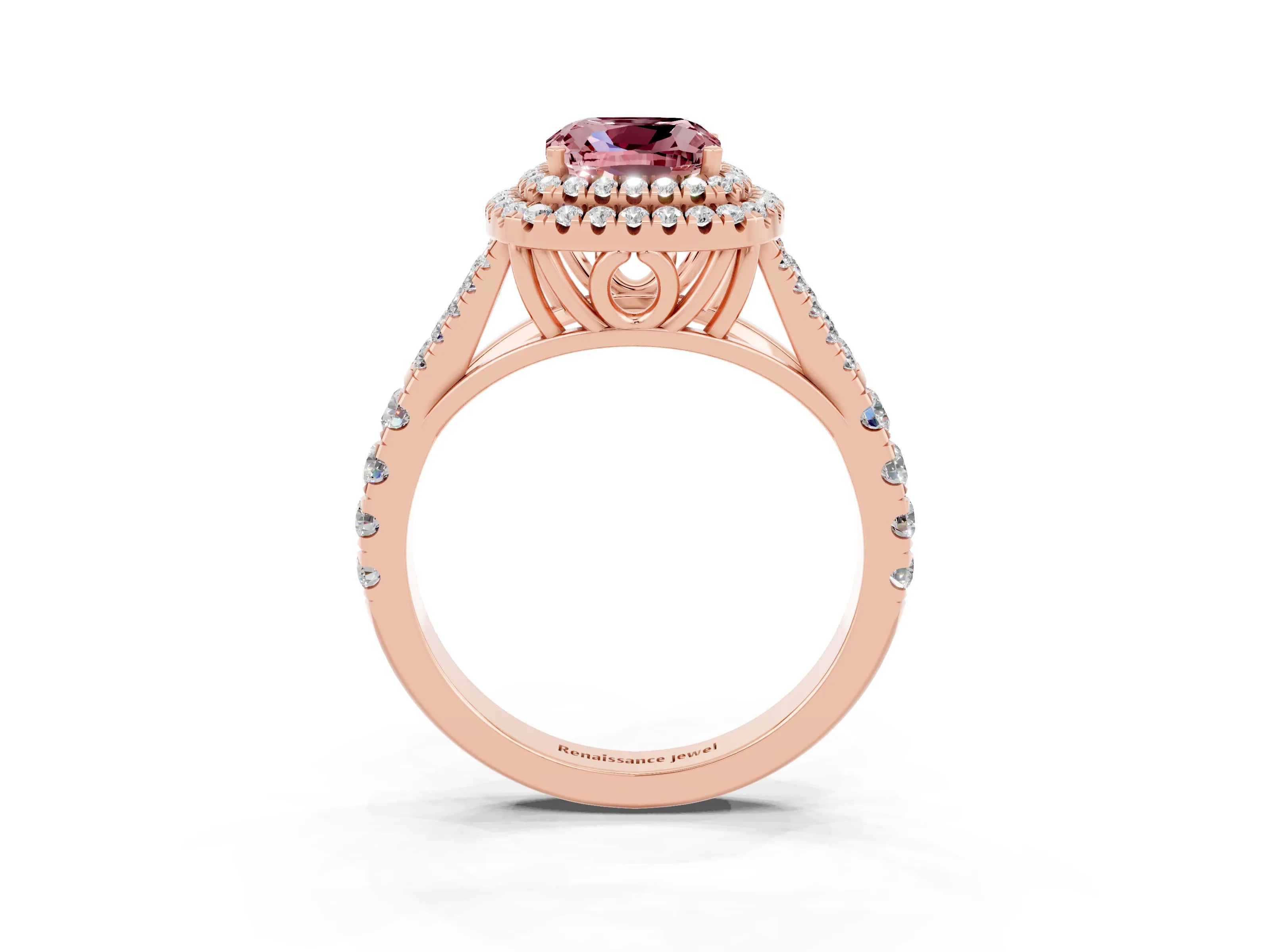 Rose gold Double Halo Cushion Cut Morganite Pavé Split Shank Ring with Prong Setting_3