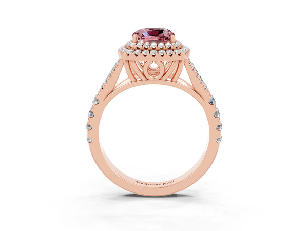 Rose gold Double Halo Cushion Cut Morganite Pavé Split Shank Ring with Prong Setting