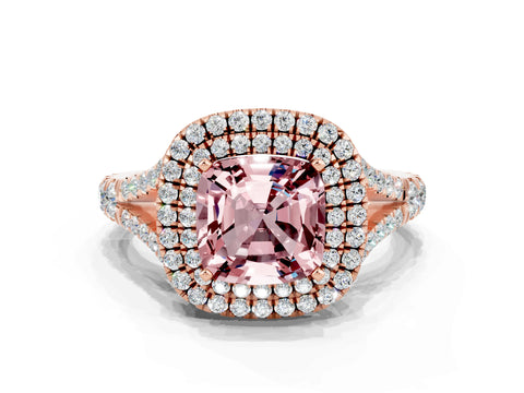 Rose gold Double Halo Cushion Cut Morganite Pavé Split Shank Ring with Prong Setting