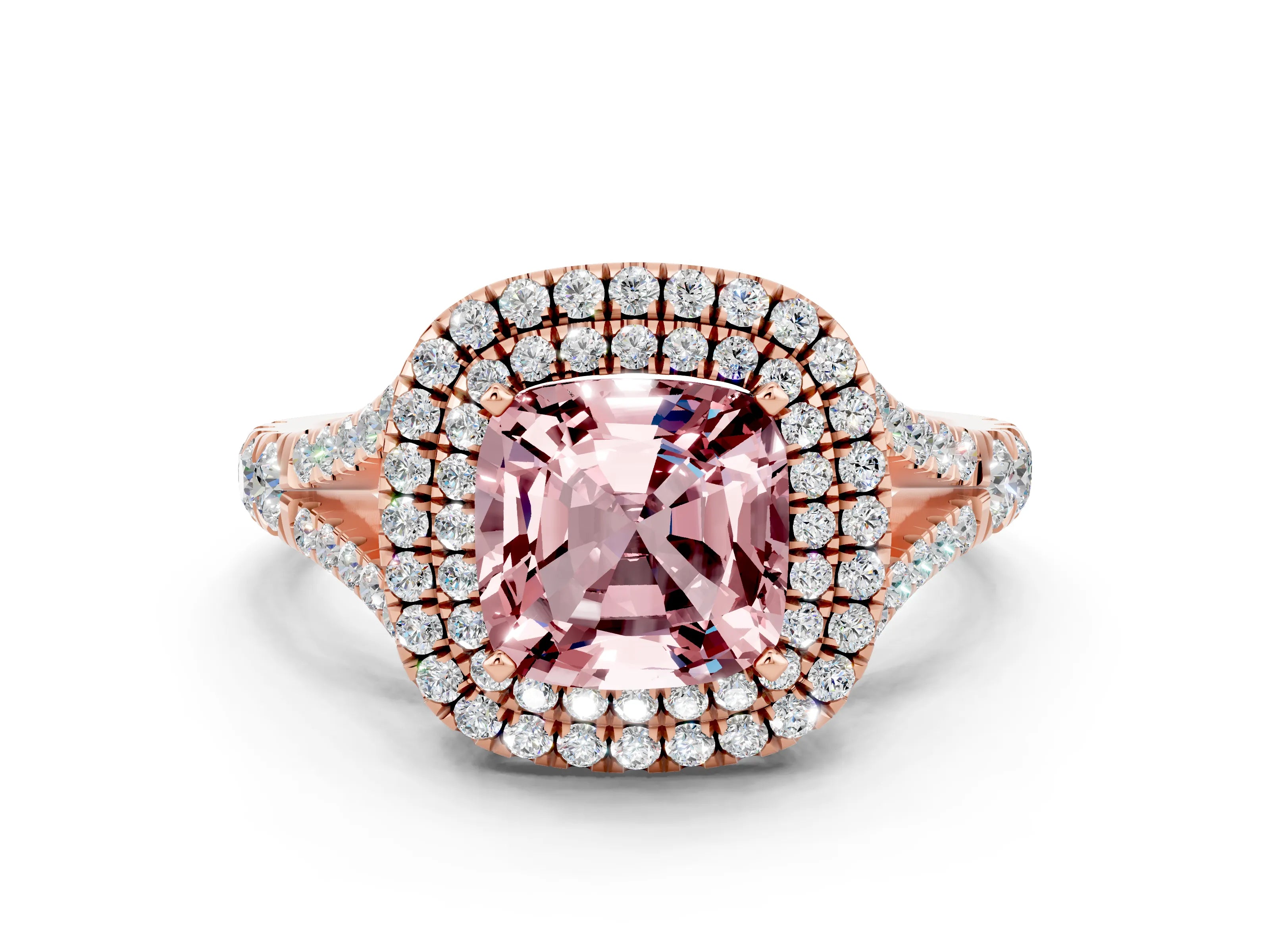 Rose gold Double Halo Cushion Cut Morganite Split Shank Engagement Ring with Four-Prong Setting