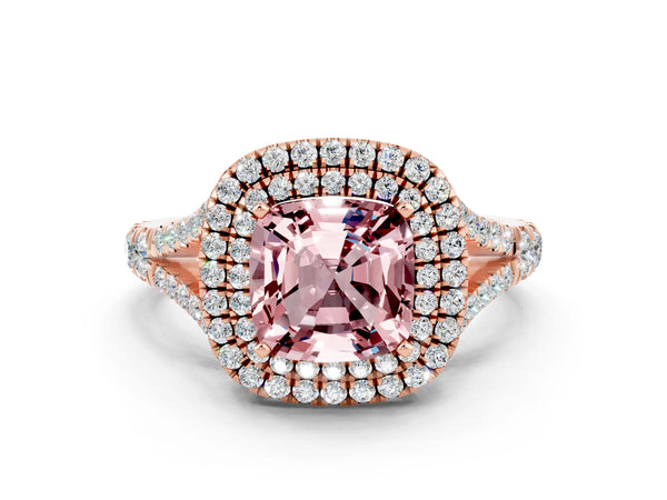 Rose gold Double Halo Cushion Cut Morganite Split Shank Engagement Ring with Four-Prong Setting