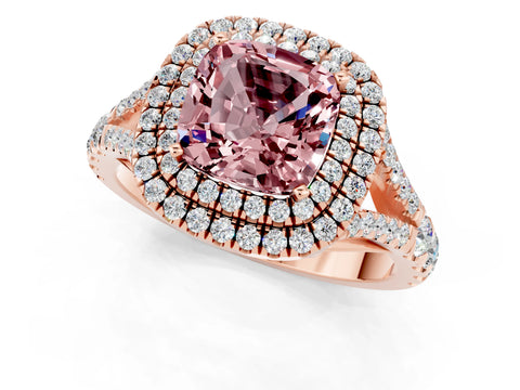Rose gold Double Halo Cushion Cut Morganite Split Shank Engagement Ring with Four-Prong Setting_1