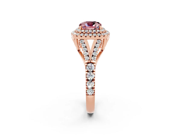 Rose gold Double Halo Cushion Cut Morganite Split Shank Engagement Ring with Four-Prong Setting