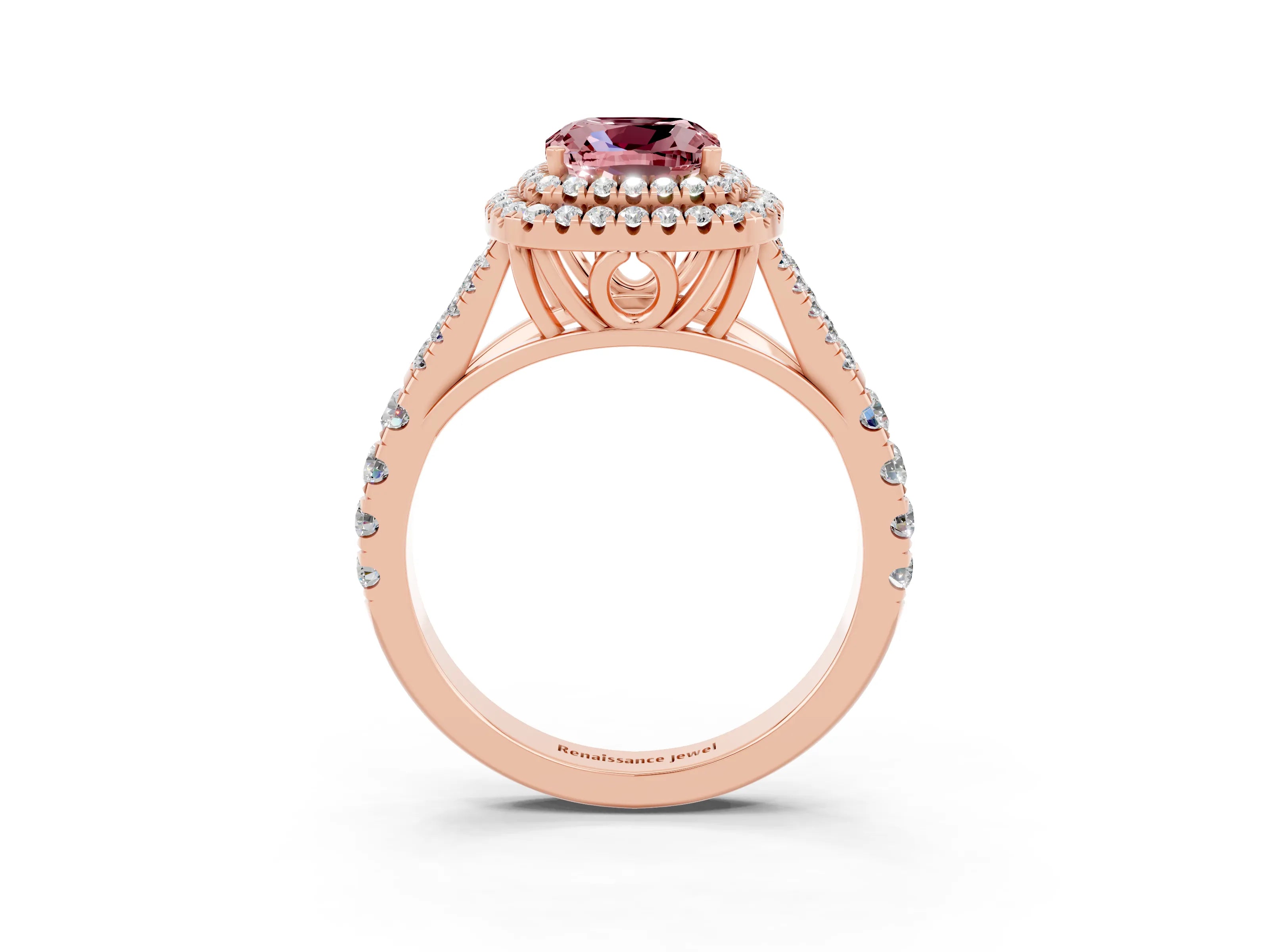 Rose gold Double Halo Cushion Cut Morganite Split Shank Engagement Ring with Four-Prong Setting_3