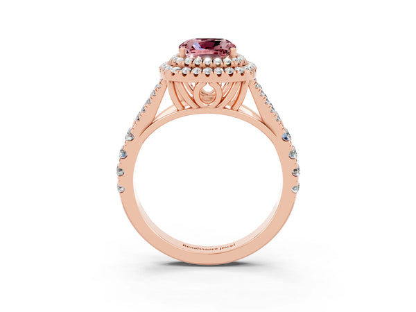 Rose gold Double Halo Cushion Cut Morganite Split Shank Engagement Ring with Four-Prong Setting