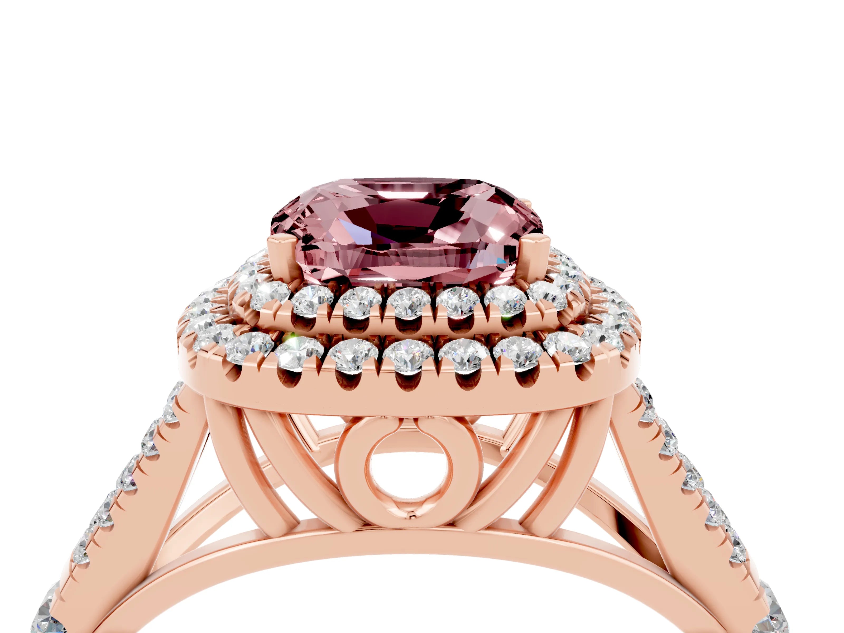 Rose gold Double Halo Cushion Cut Morganite Split Shank Engagement Ring with Four-Prong Setting_4