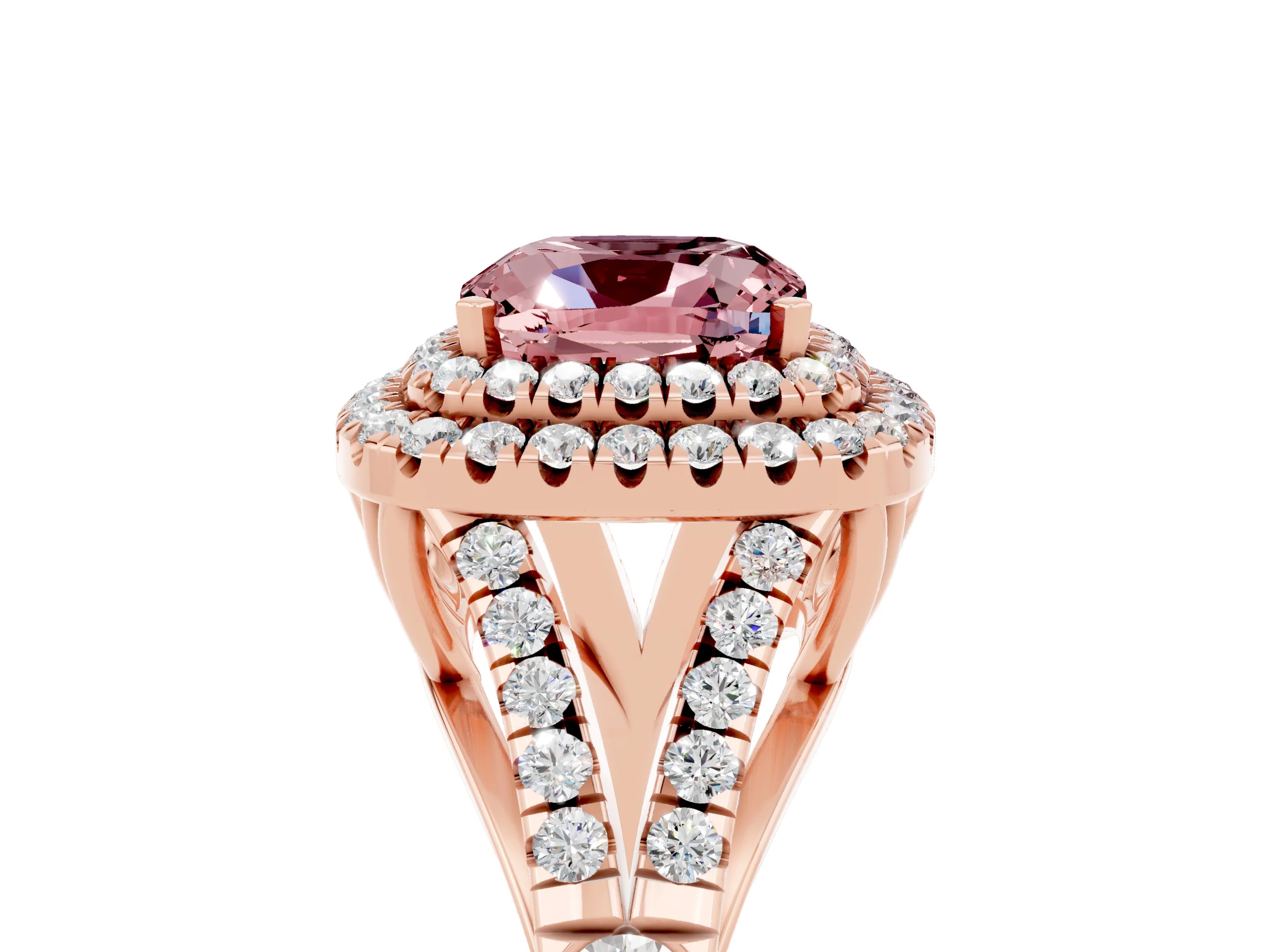 Rose gold Double Halo Cushion Cut Morganite Split Shank Engagement Ring with Four-Prong Setting_5