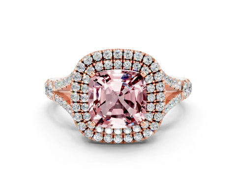 Rose gold Double Halo Cushion Cut Morganite Split Shank Engagement Ring with Four-Prong Setting