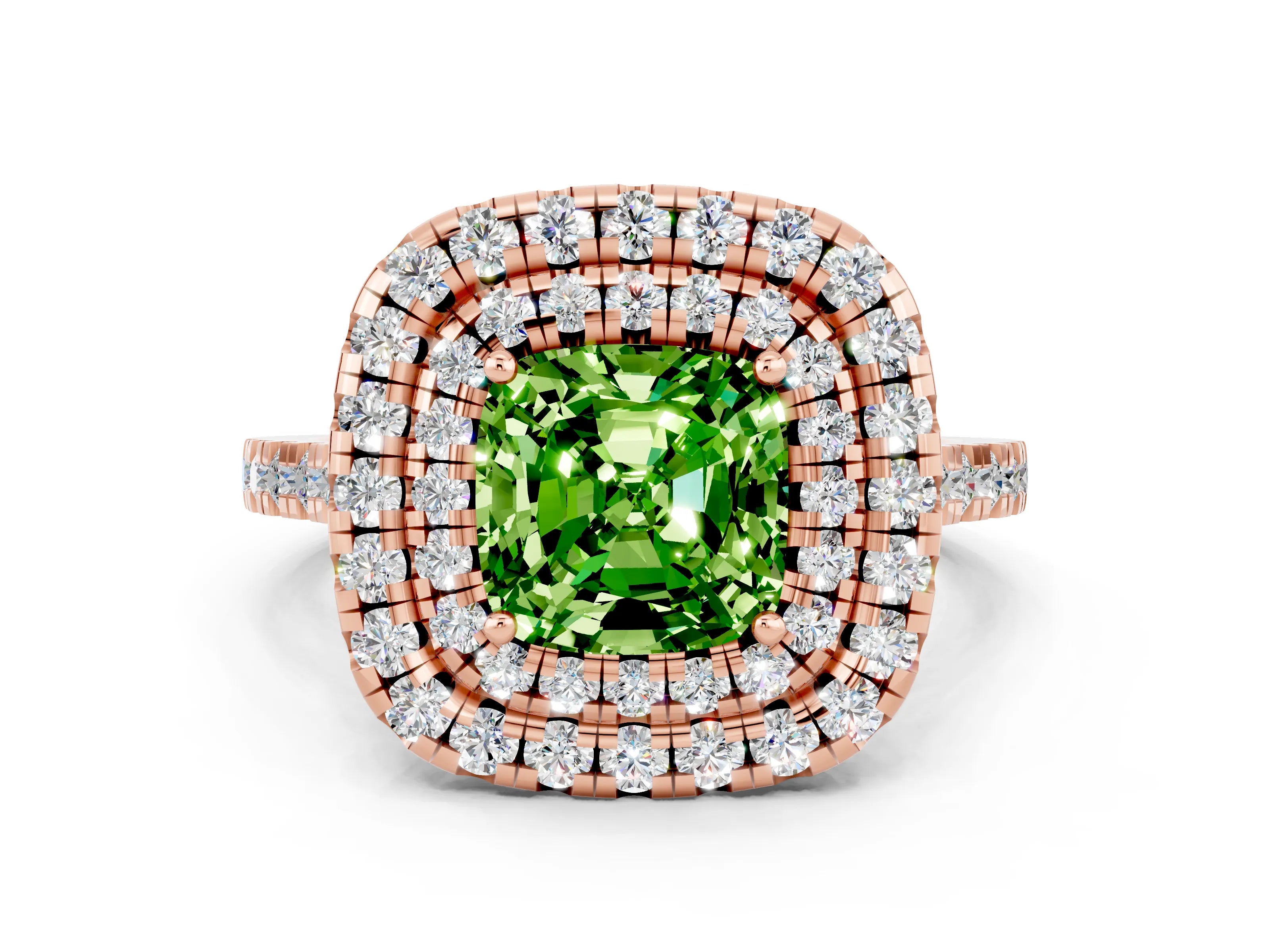 Rose gold Double Halo Cushion Cut Peridot Pavé Band with Four-Prong Setting