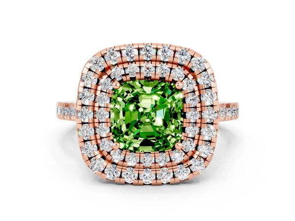 Rose gold Double Halo Cushion Cut Peridot Pavé Band with Four-Prong Setting