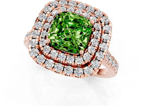 Rose gold Double Halo Cushion Cut Peridot Pavé Band with Four-Prong Setting_1