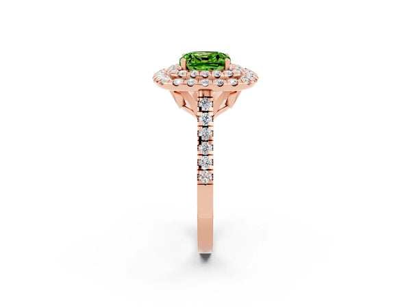 Rose gold Double Halo Cushion Cut Peridot Pavé Band with Four-Prong Setting