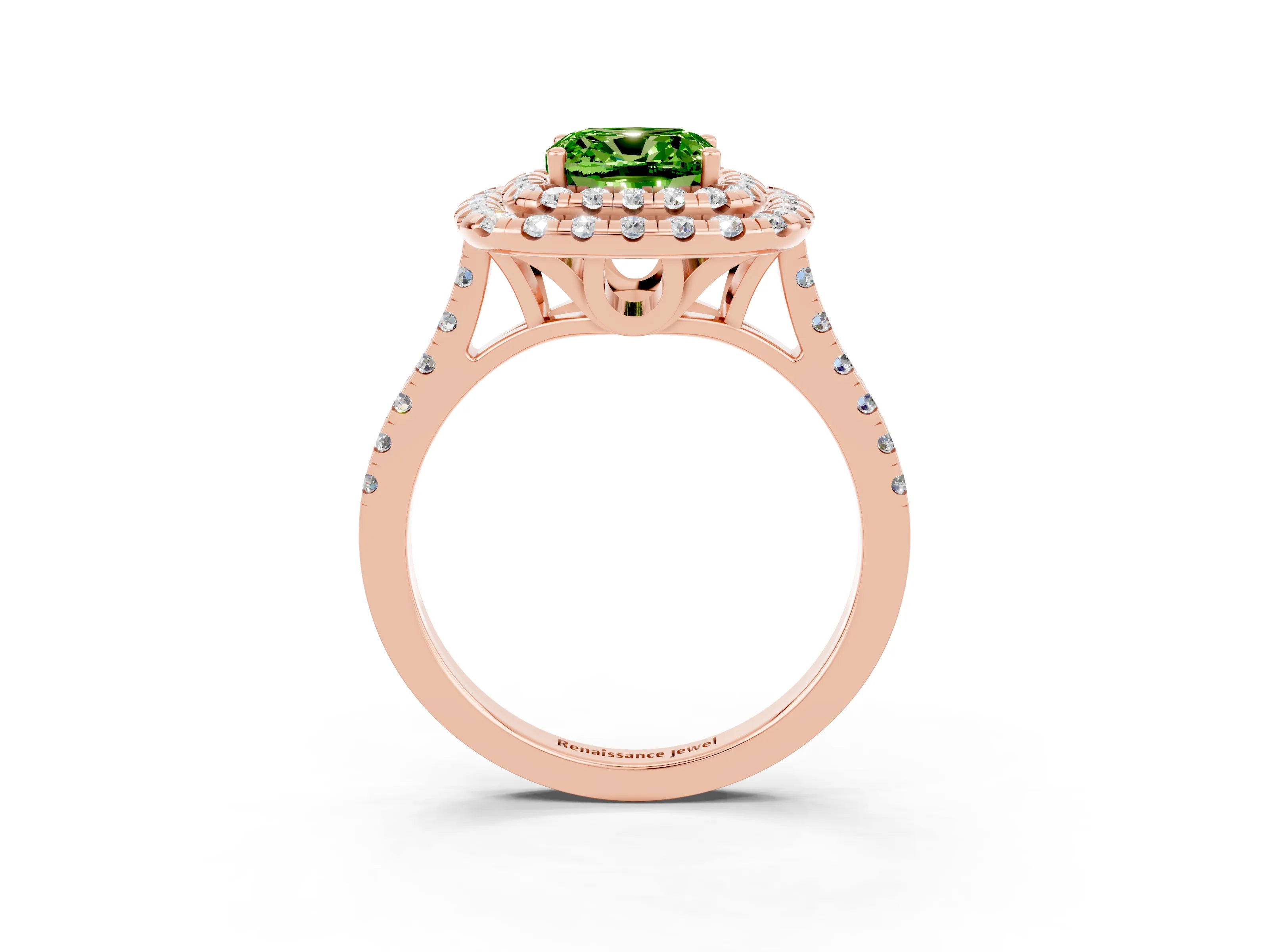 Rose gold Double Halo Cushion Cut Peridot Pavé Band with Four-Prong Setting_3