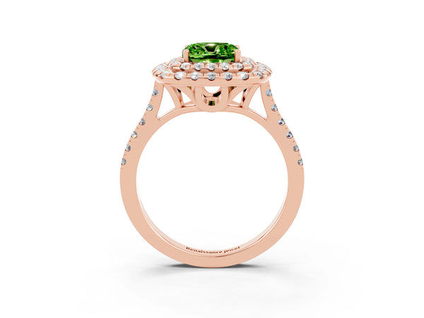 Rose gold Double Halo Cushion Cut Peridot Pavé Band with Four-Prong Setting