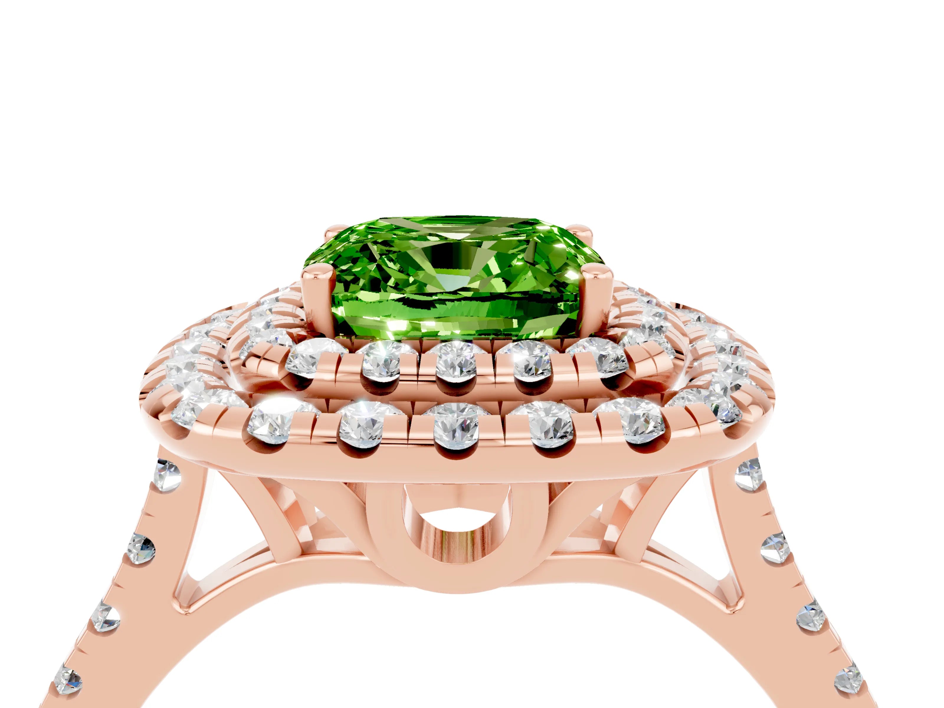 Rose gold Double Halo Cushion Cut Peridot Pavé Band with Four-Prong Setting_4