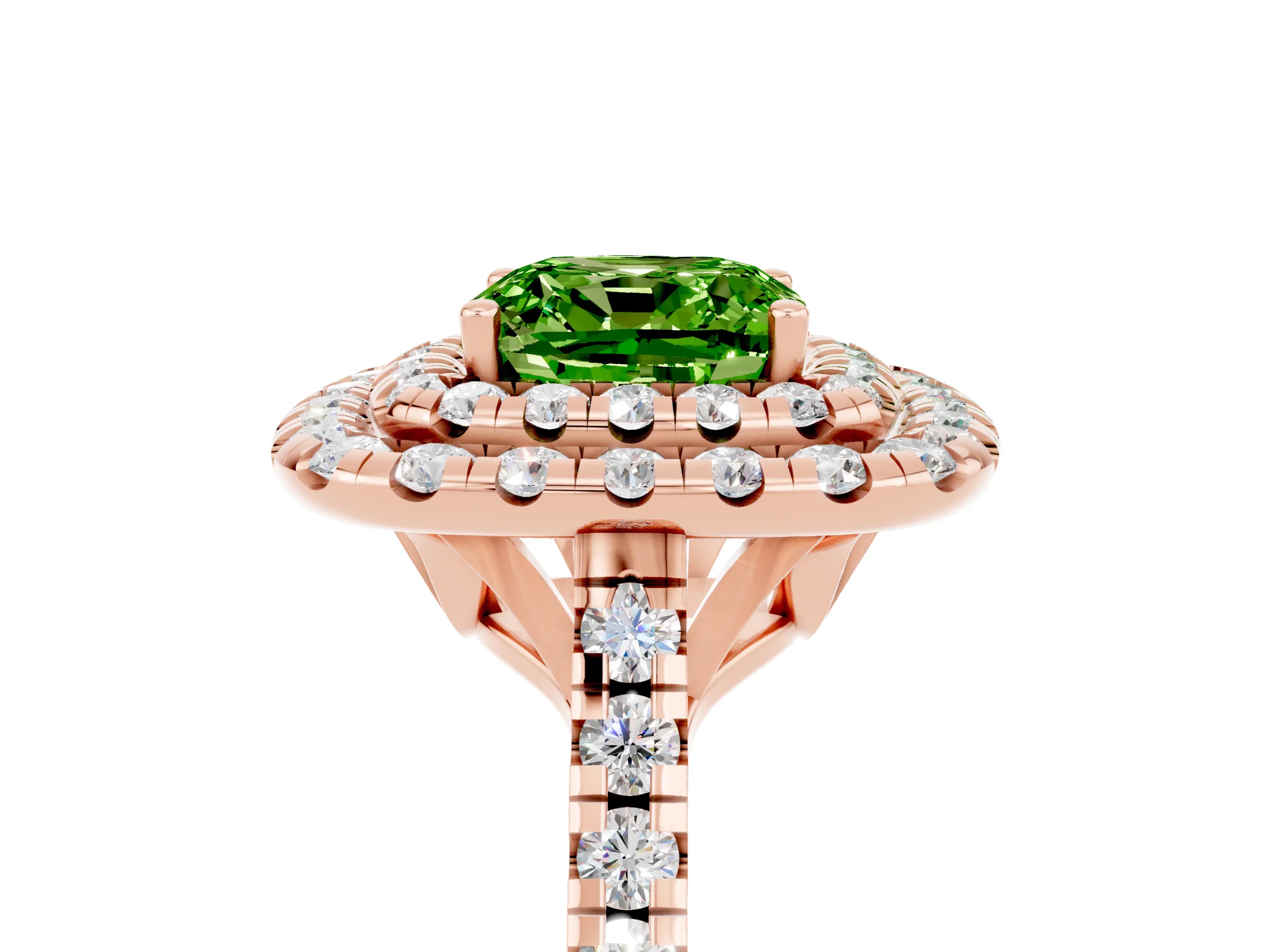 Rose gold Double Halo Cushion Cut Peridot Pavé Band with Four-Prong Setting_5