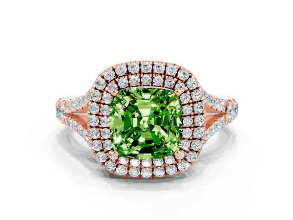 Rose gold Double Halo Cushion Cut Peridot Pavé Split Shank Ring with Prong Setting