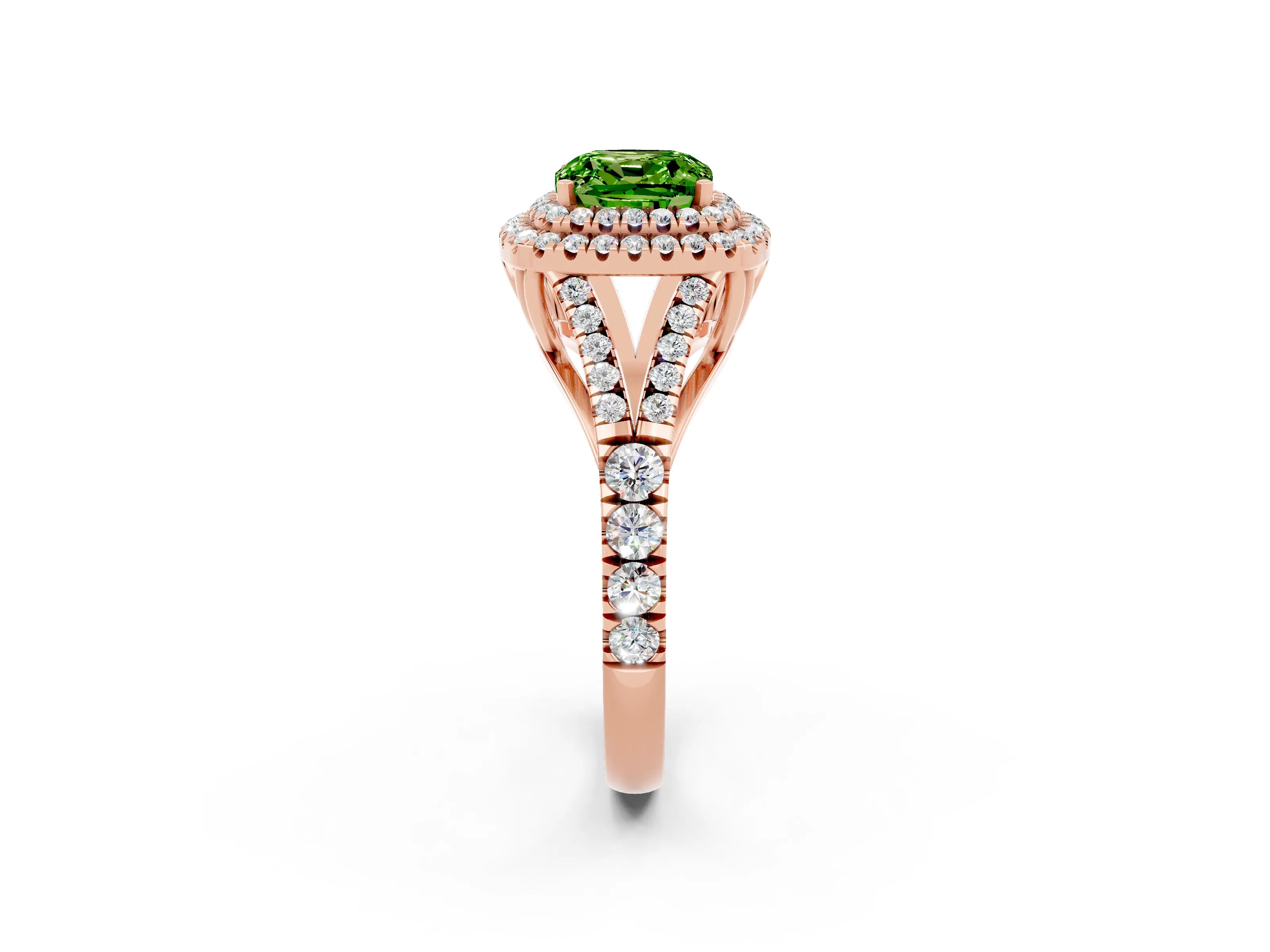 Rose gold Double Halo Cushion Cut Peridot Pavé Split Shank Ring with Prong Setting_2