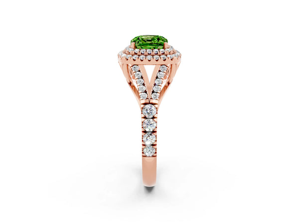 Rose gold Double Halo Cushion Cut Peridot Pavé Split Shank Ring with Prong Setting