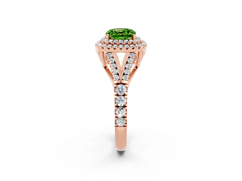 Rose gold Double Halo Cushion Cut Peridot Pavé Split Shank Ring with Prong Setting_2