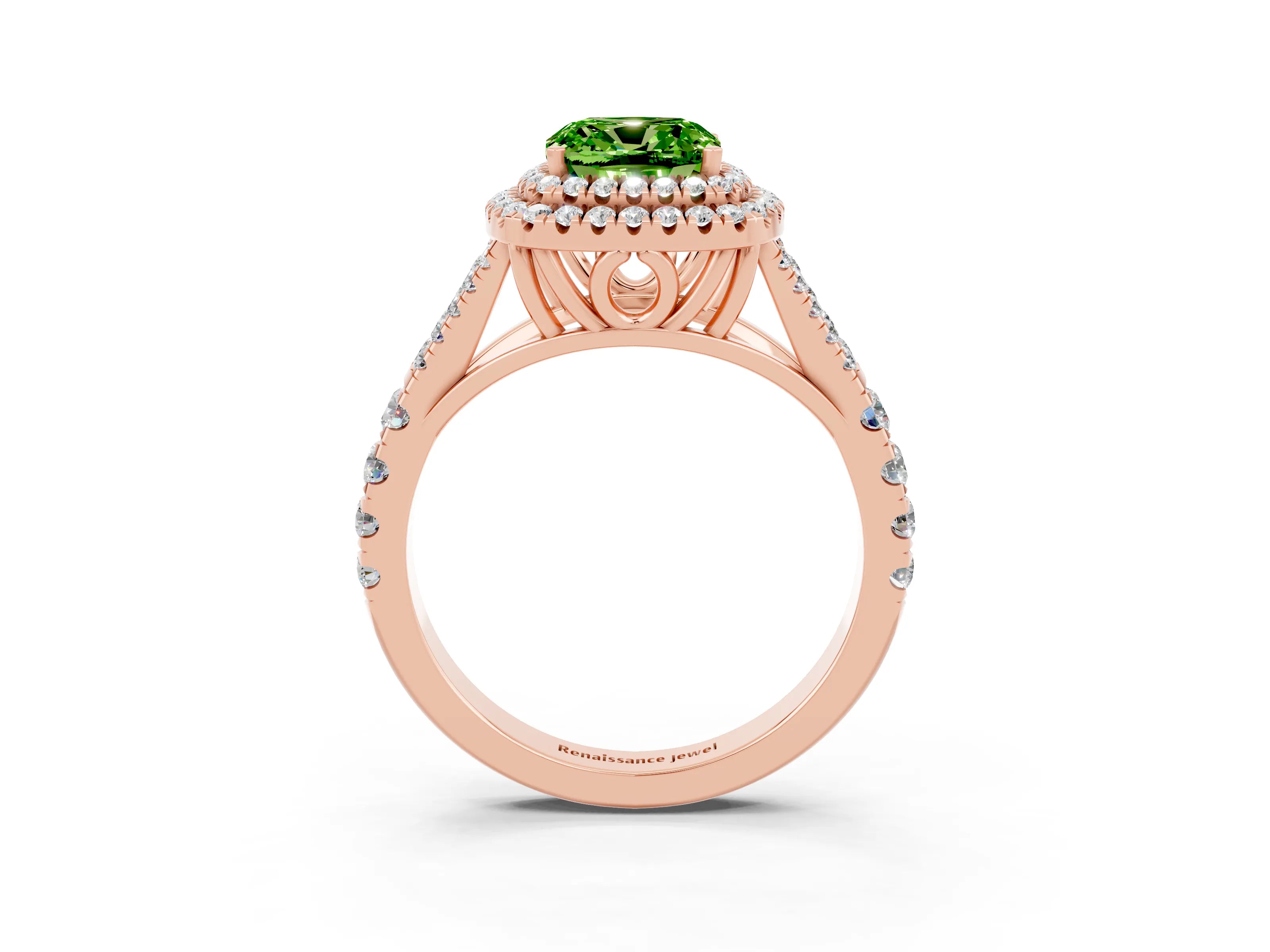 Rose gold Double Halo Cushion Cut Peridot Pavé Split Shank Ring with Prong Setting_3