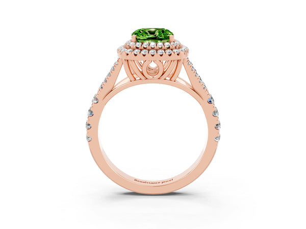 Rose gold Double Halo Cushion Cut Peridot Pavé Split Shank Ring with Prong Setting