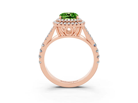 Rose gold Double Halo Cushion Cut Peridot Pavé Split Shank Ring with Prong Setting_3