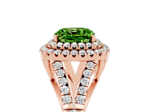 Rose gold Double Halo Cushion Cut Peridot Pavé Split Shank Ring with Prong Setting_5