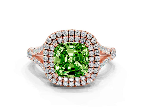 Rose gold Double Halo Cushion Cut Peridot Pavé Split Shank Ring with Prong Setting