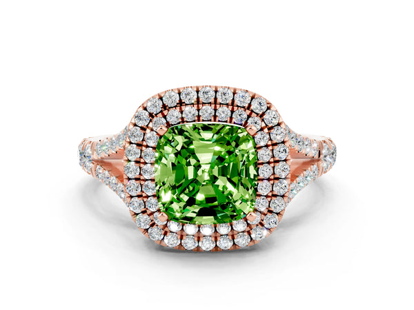 Rose gold Double Halo Cushion Cut Peridot Split Shank Engagement Ring with Four-Prong Setting