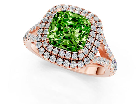 Rose gold Double Halo Cushion Cut Peridot Split Shank Engagement Ring with Four-Prong Setting_1