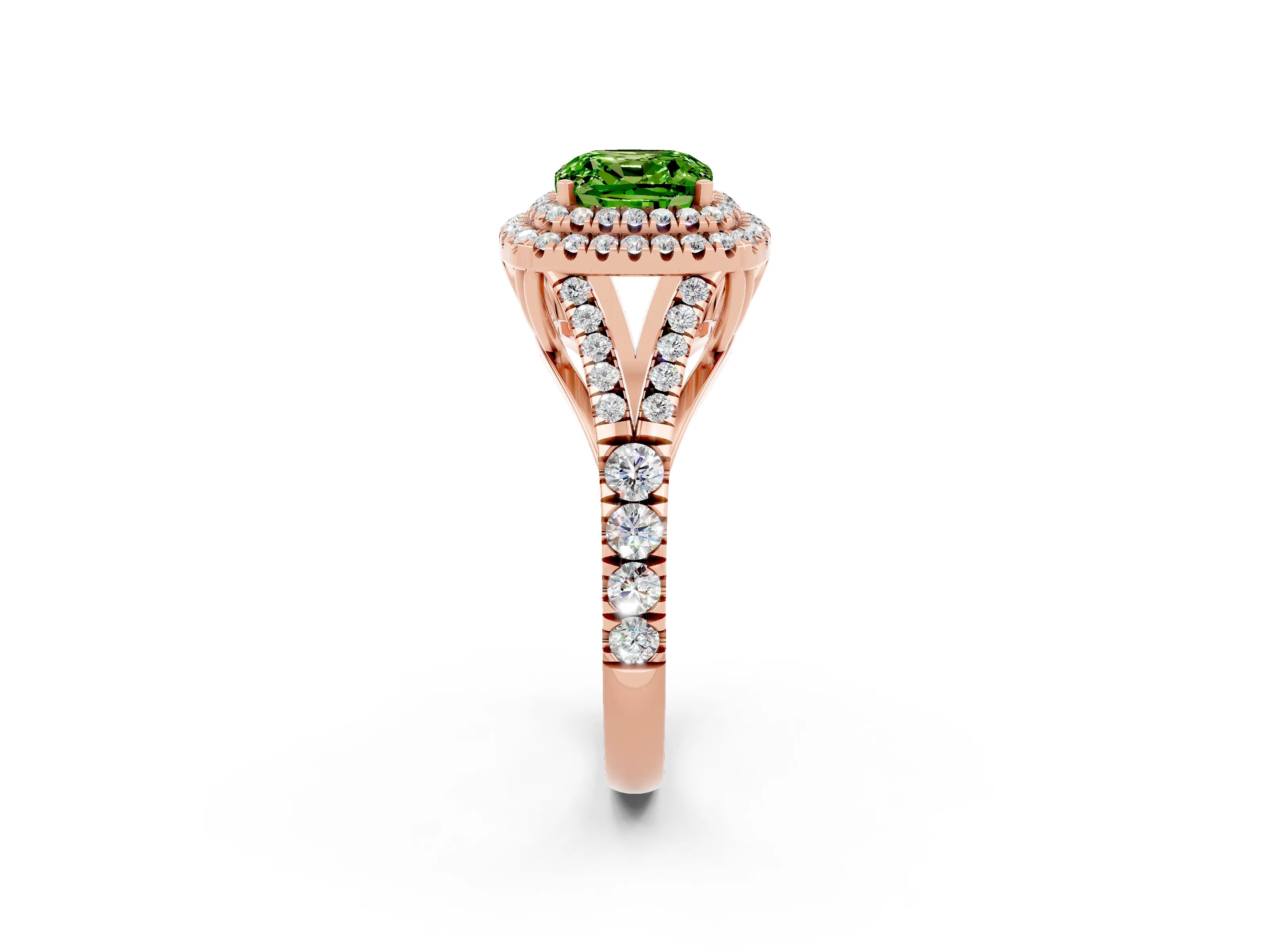 Rose gold Double Halo Cushion Cut Peridot Split Shank Engagement Ring with Four-Prong Setting_2