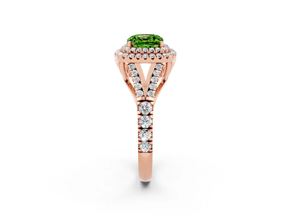 Rose gold Double Halo Cushion Cut Peridot Split Shank Engagement Ring with Four-Prong Setting
