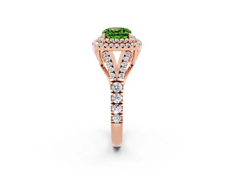 Rose gold Double Halo Cushion Cut Peridot Split Shank Engagement Ring with Four-Prong Setting_2